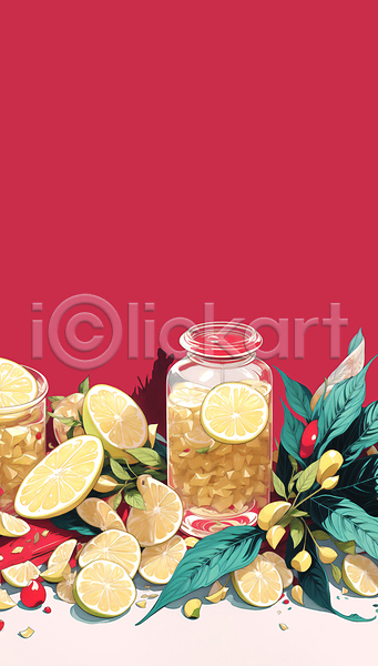 사람없음 JPG 일러스트 나뭇잎 노란색 담기 레몬 빨간색 유리병 정물화 조각 탁자