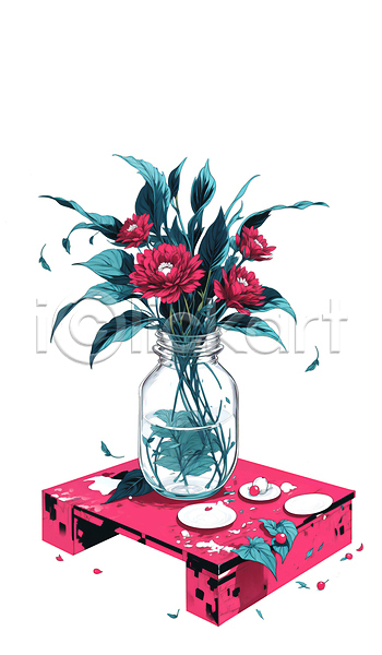 사람없음 JPG 일러스트 꽃 꽃병 분홍색 유리병 잎 접시 정물화 탁자