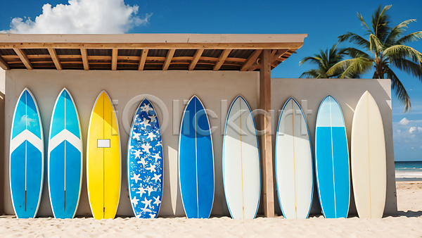 사람없음 JPG 디지털합성 편집이미지 기댐 레저 바다 벽 서핑 서핑보드 야외 야자수 여름(계절) 일렬 주간 해변