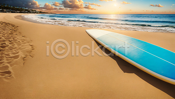 사람없음 JPG 디지털합성 편집이미지 노을 바다 서핑 서핑보드 야외 여름(계절) 주간 하늘 해변