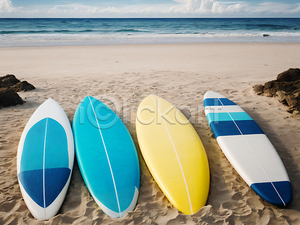 사람없음 JPG 디지털합성 편집이미지 바다 서핑 서핑보드 야외 여름(계절) 일렬 주간 해변