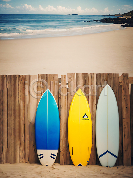 사람없음 JPG 디지털합성 편집이미지 바다 서핑 서핑보드 야외 여름(계절) 일렬 주간 해변