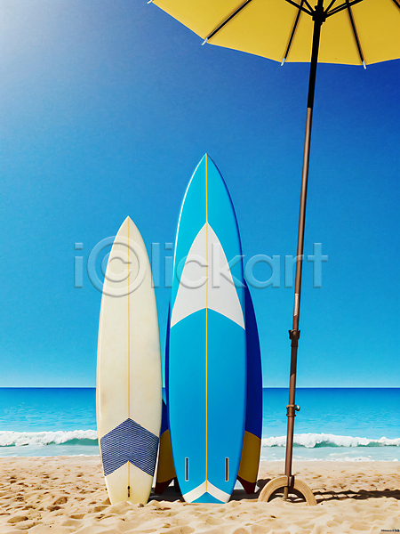 사람없음 JPG 디지털합성 편집이미지 바다 서핑 서핑보드 야외 여름(계절) 주간 파라솔 파란색 해변