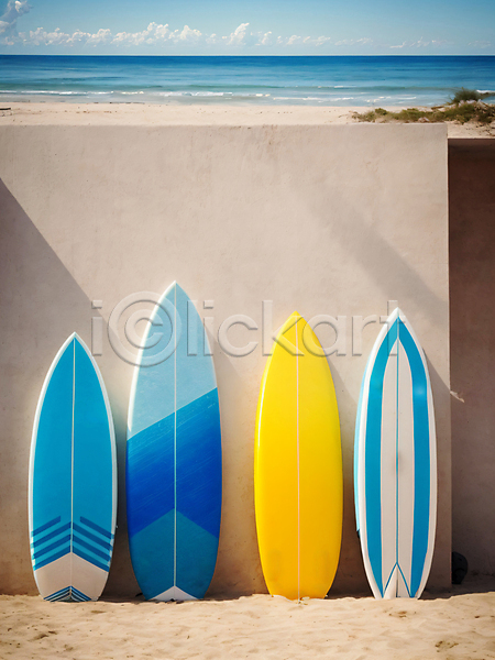 사람없음 JPG 디지털합성 편집이미지 바다 벽 서핑 서핑보드 야외 여름(계절) 일렬 주간 해변