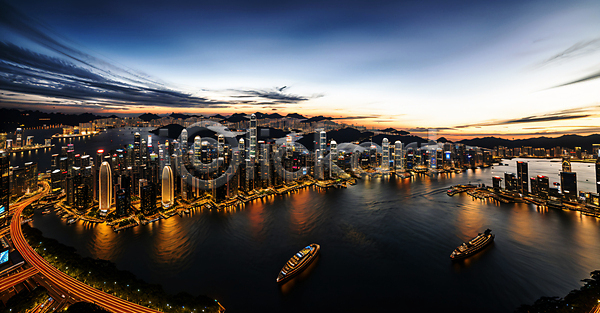 사람없음 JPG 디지털합성 장노출 편집이미지 강 건물 고층빌딩 도로 반사 배(교통) 빛 야경 풍경(경치) 하늘 해안도시