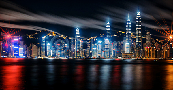 사람없음 JPG 디지털합성 장노출 편집이미지 강 건물 고층빌딩 도로 반사 빛 야간 야경 풍경(경치) 하늘 해안도시