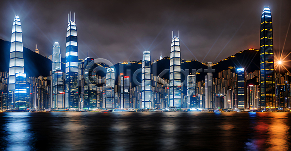 사람없음 JPG 디지털합성 장노출 편집이미지 강 건물 고층빌딩 도로 반사 빛 야간 야경 풍경(경치) 하늘 해안도시