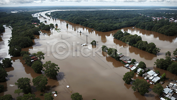 사람없음 JPG 디지털합성 편집이미지 기후변화 기후위기 나무 마을 야외 자연재해 주간 주택 풍경(경치) 하늘 홍수
