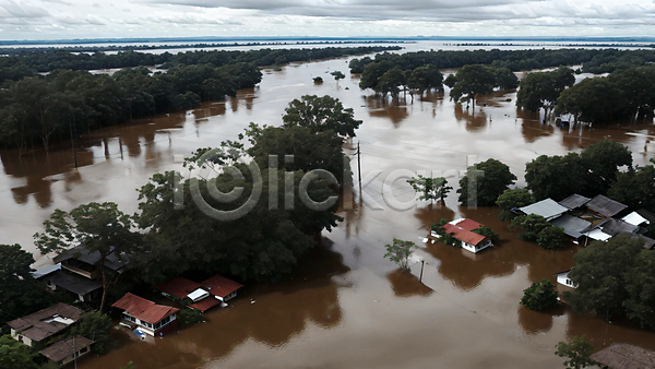 사람없음 JPG 디지털합성 편집이미지 기후변화 기후위기 나무 마을 야외 자연재해 주간 주택 풍경(경치) 하늘 홍수