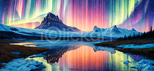 신비 사람없음 JPG 디지털합성 편집이미지 경관 반사 밤하늘 아이슬란드 야간 야외 오로라 자연 편집소스 풍경(경치) 호수