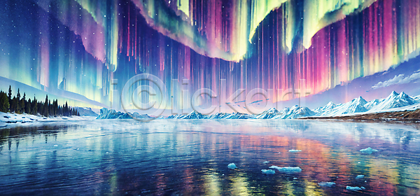 신비 사람없음 JPG 디지털합성 편집이미지 경관 반사 밤하늘 아이슬란드 야간 야외 오로라 자연 편집소스 풍경(경치) 호수