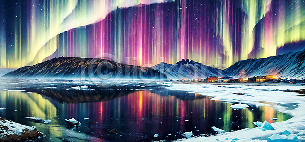 신비 사람없음 JPG 디지털합성 편집이미지 경관 반사 밤하늘 산 아이슬란드 야간 야외 오로라 자연 편집소스 풍경(경치) 호수