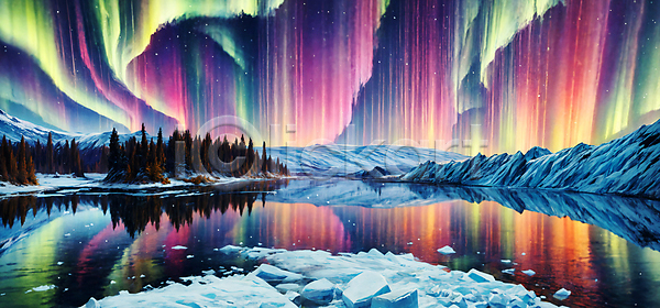 신비 사람없음 JPG 디지털합성 편집이미지 경관 나무 반사 밤하늘 산 아이슬란드 야간 야외 오로라 자연 편집소스 풍경(경치) 호수