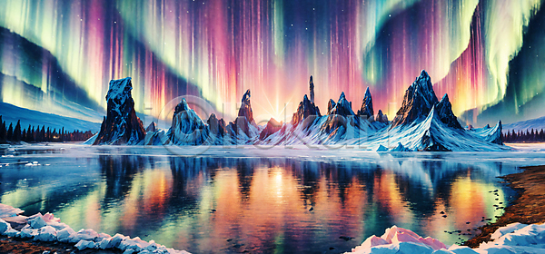 신비 사람없음 JPG 디지털합성 편집이미지 경관 반사 밤하늘 산 아이슬란드 야간 야외 오로라 자연 편집소스 풍경(경치) 햇빛 호수