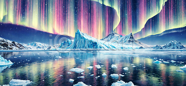신비 사람없음 JPG 디지털합성 편집이미지 경관 반사 밤하늘 산 아이슬란드 야간 야외 오로라 자연 편집소스 풍경(경치) 호수