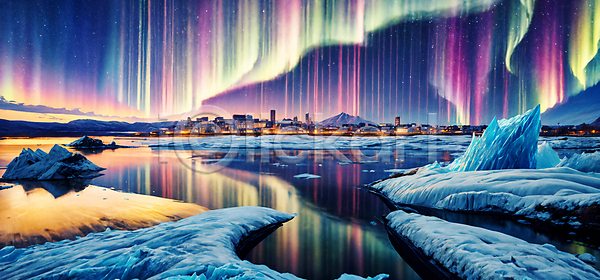 신비 사람없음 JPG 디지털합성 편집이미지 경관 마을 반사 밤하늘 빙하 아이슬란드 야간 야외 오로라 자연 편집소스 풍경(경치) 호수