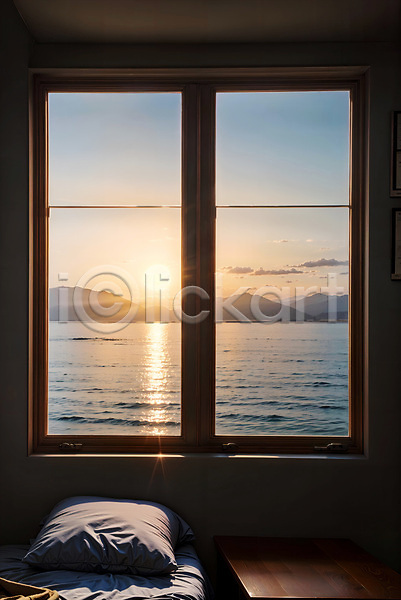 사람없음 JPG 디지털합성 편집이미지 바다 베개 산 실내 일몰 자연 창문 태양 편집소스 풍경(경치) 하늘