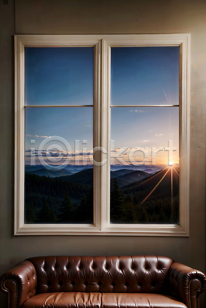 사람없음 JPG 디지털합성 편집이미지 산 소파 실내 일몰 자연 창문 편집소스 풍경(경치) 하늘 햇빛