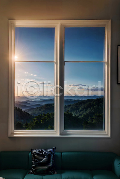 사람없음 JPG 디지털합성 편집이미지 산 소파 실내 자연 창문 편집소스 풍경(경치) 하늘 햇빛