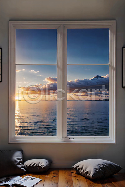 사람없음 JPG 디지털합성 편집이미지 구름(자연) 바다 실내 자연 창문 쿠션 편집소스 풍경(경치) 하늘 햇빛