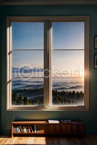 사람없음 JPG 디지털합성 편집이미지 구름(자연) 산 실내 자연 창문 책장 태양 편집소스 풍경(경치) 하늘