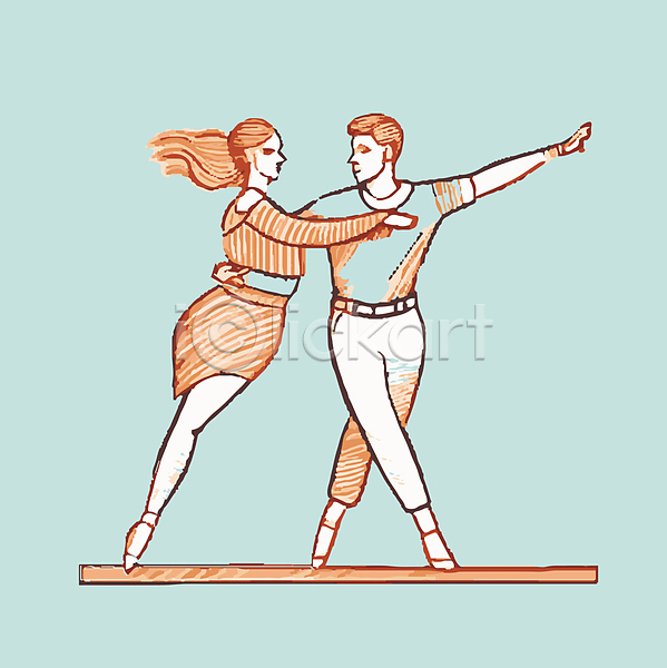 남자 두명 성인 성인만 여자 AI(파일형식) 일러스트 민트색 손뻗기 전신 춤 커플댄스 포즈 허리손