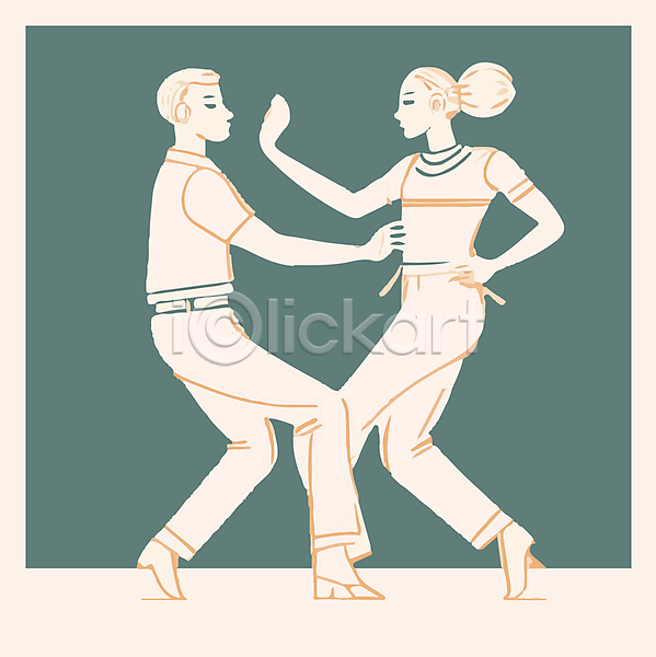 남자 두명 성인 성인만 여자 AI(파일형식) 일러스트 라인아트 마주보기 민트색 아이보리 전신 춤 커플댄스 포즈