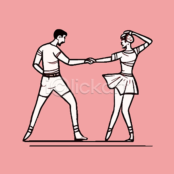 남자 두명 성인 성인만 여자 AI(파일형식) 일러스트 라인아트 분홍색 손잡기 전신 춤 커플댄스 포즈