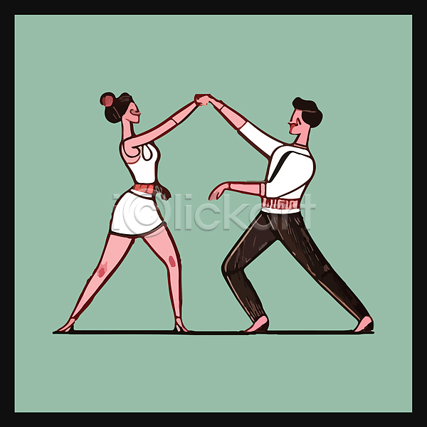 남자 두명 성인 성인만 여자 AI(파일형식) 일러스트 마주보기 민트색 손잡기 전신 춤 커플댄스 포즈