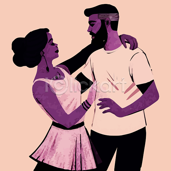 남자 두명 성인 성인만 여자 AI(파일형식) 일러스트 마주보기 보라색 상반신 어깨에손 춤 커플댄스 포즈