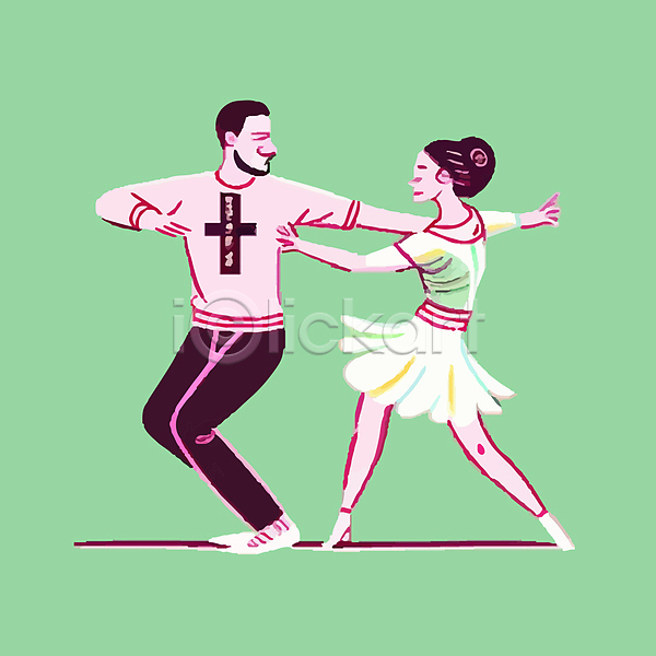남자 두명 성인 성인만 여자 AI(파일형식) 일러스트 서기 손뻗기 연두색 전신 춤 커플댄스 포즈