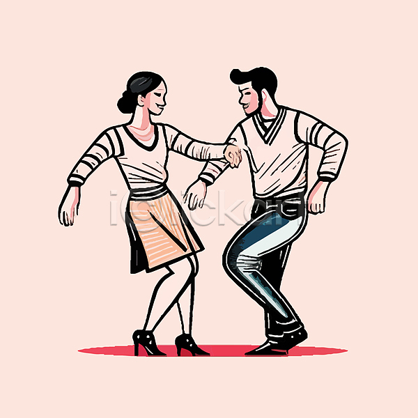 남자 두명 성인 성인만 여자 AI(파일형식) 일러스트 라인아트 마주보기 서기 연분홍색 전신 춤 커플댄스 포즈