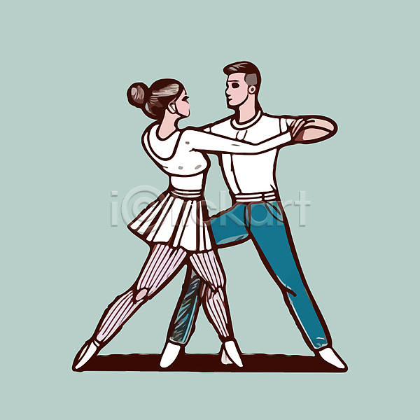 남자 두명 성인 성인만 여자 AI(파일형식) 일러스트 마주보기 민트색 서기 전신 춤 커플댄스 포즈