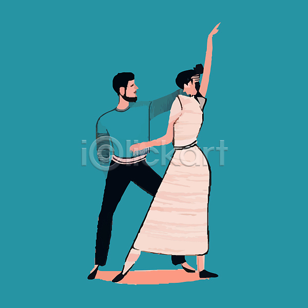 남자 두명 성인 성인만 여자 AI(파일형식) 일러스트 서기 손들기 전신 춤 커플댄스 파란색 포즈