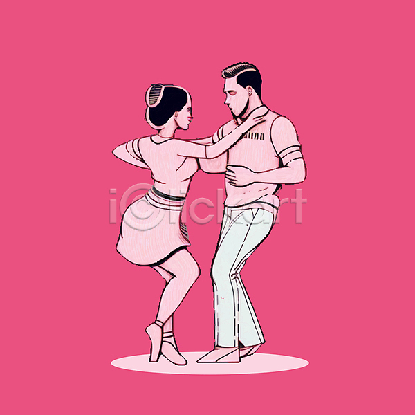 남자 두명 성인 성인만 여자 AI(파일형식) 일러스트 마주보기 분홍색 서기 어깨에손 전신 춤 커플댄스 포즈