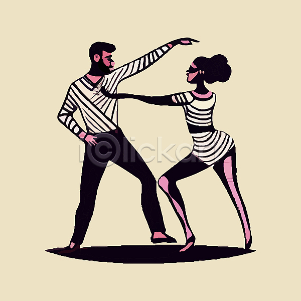 남자 두명 성인 성인만 여자 AI(파일형식) 일러스트 서기 손들기 손뻗기 전신 춤 커플댄스 포즈