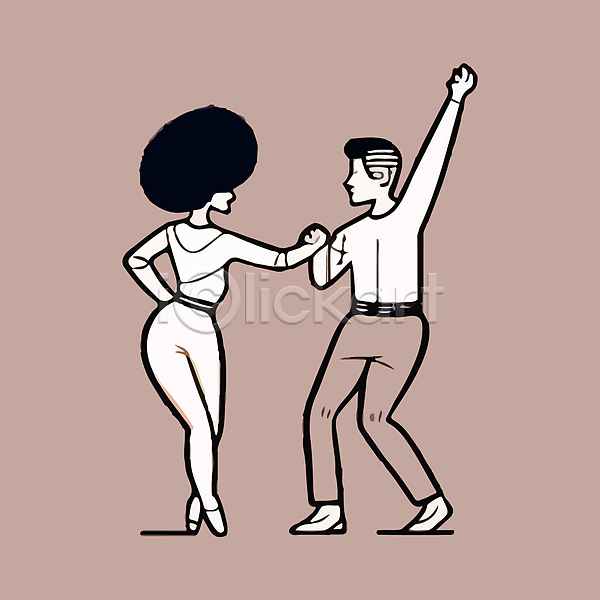 남자 두명 성인 성인만 여자 AI(파일형식) 일러스트 갈색 서기 손들기 손잡기 전신 춤 커플댄스 포즈