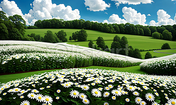 사람없음 JPG 편집이미지 구름(자연) 꽃 꽃밭 나무 데이지 야외 자연 초원(자연) 풍경(경치) 하늘