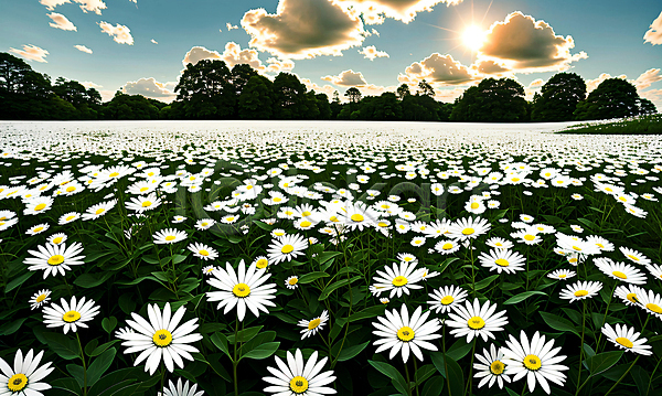 사람없음 JPG 편집이미지 구름(자연) 꽃 꽃밭 데이지 야외 일몰 자연 초원(자연) 태양 풍경(경치) 하늘 햇빛