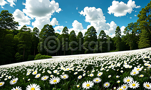 사람없음 JPG 편집이미지 구름(자연) 꽃 꽃밭 나무 데이지 야외 자연 초원(자연) 풍경(경치) 하늘
