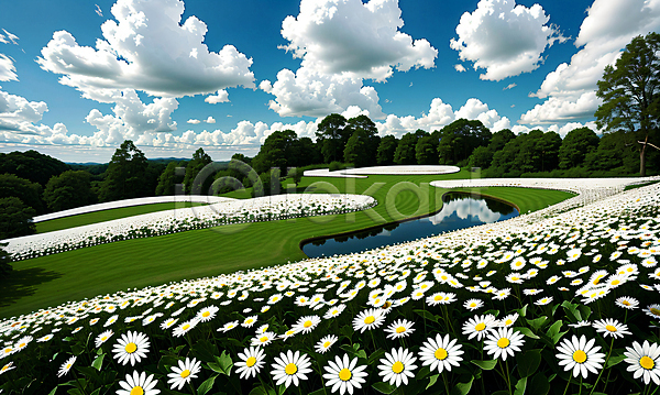 사람없음 JPG 편집이미지 구름(자연) 꽃 꽃밭 데이지 야외 자연 초원(자연) 풍경(경치) 하늘 호수
