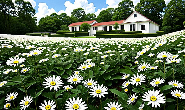 사람없음 JPG 편집이미지 구름(자연) 꽃 꽃밭 데이지 야외 자연 주택 초원(자연) 풍경(경치) 하늘