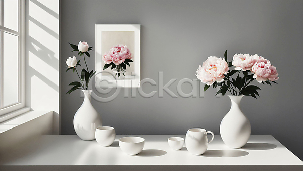 사람없음 JPG 디지털합성 편집이미지 꽃 꽃병 라이프스타일 미니멀 빛 액자 인테리어 창문 컵 탁자 흰색