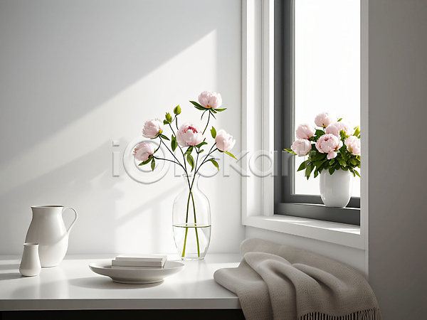 사람없음 JPG 디지털합성 편집이미지 꽃 꽃병 라이프스타일 목도리 미니멀 인테리어 접시 창가 탁자 흰색