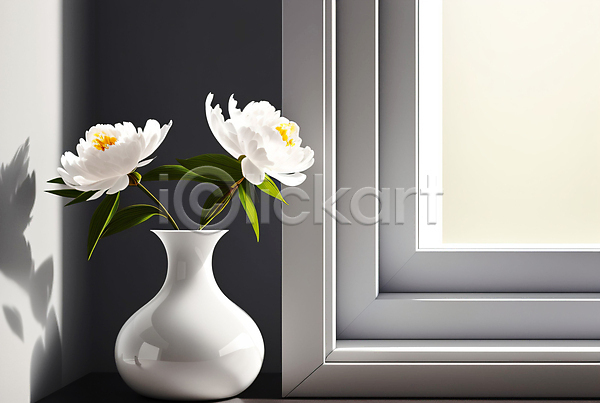 사람없음 JPG 디지털합성 편집이미지 그림자 꽃 꽃병 라이프스타일 미니멀 인테리어 창가 창문 흰색