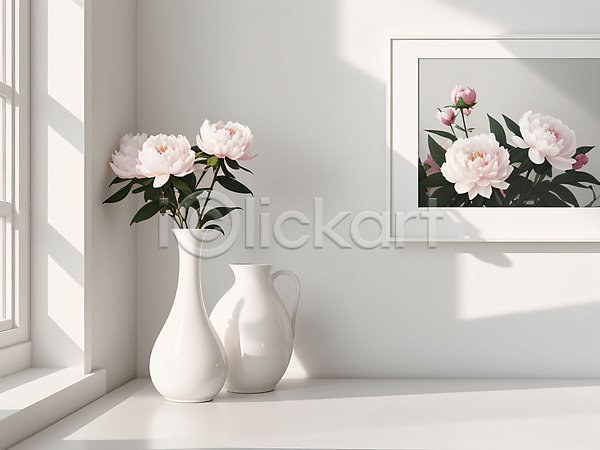 사람없음 JPG 디지털합성 편집이미지 꽃 꽃병 라이프스타일 미니멀 빛 액자 인테리어 창가 창문 흰색