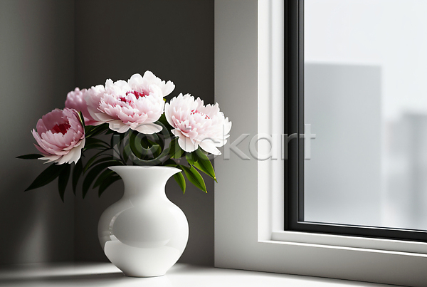 사람없음 JPG 디지털합성 편집이미지 꽃 꽃병 라이프스타일 미니멀 인테리어 창가 창문