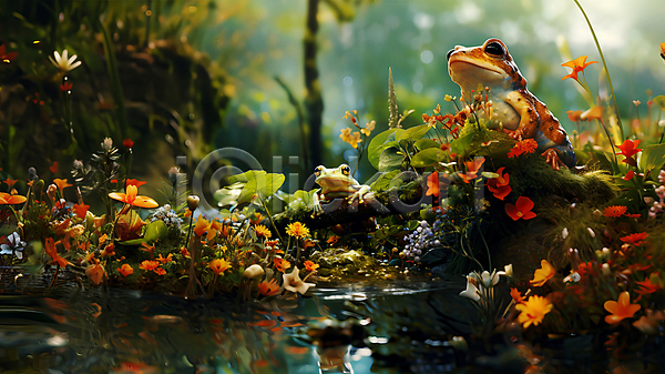 사람없음 JPG 디지털합성 편집이미지 개구리 개울 꽃 동물캐릭터 두마리 양서류 풀(식물) 풍경(경치)