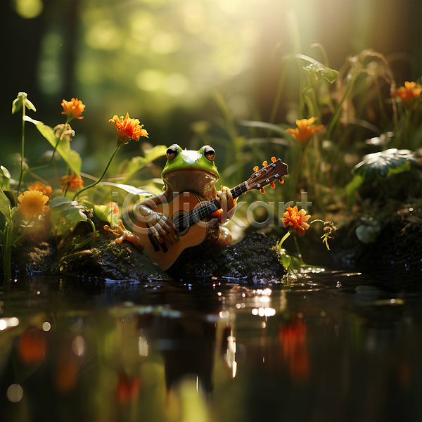 사람없음 JPG 디지털합성 편집이미지 개구리 개울 기타 꽃 동물캐릭터 양서류 연주 풀(식물) 풍경(경치) 한마리