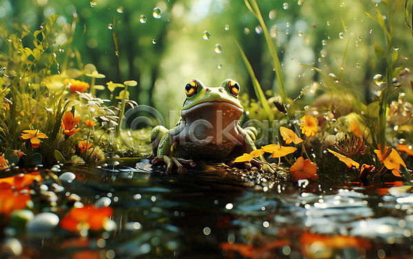사람없음 JPG 디지털합성 편집이미지 개구리 개울 꽃 동물캐릭터 물방울 양서류 튀는물 풀(식물) 풍경(경치) 한마리